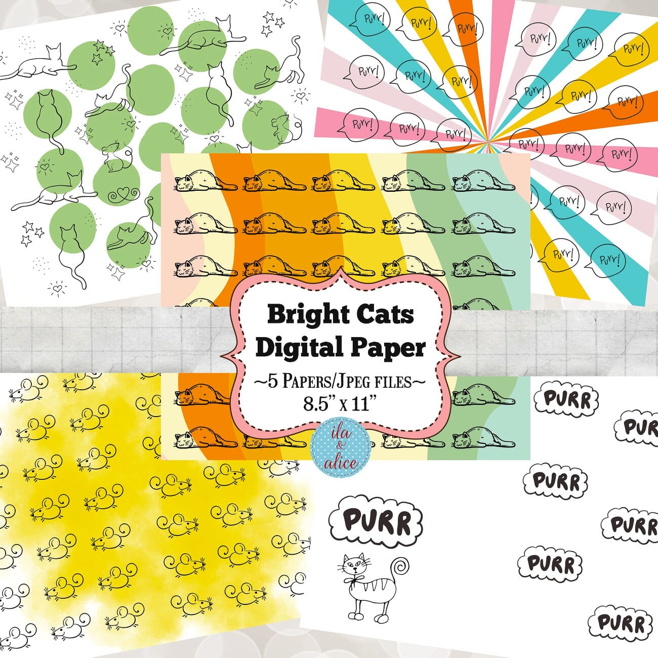 Digital Cat Junk Journal Paper-Retro Brights-5 Papers Journal ila & alice