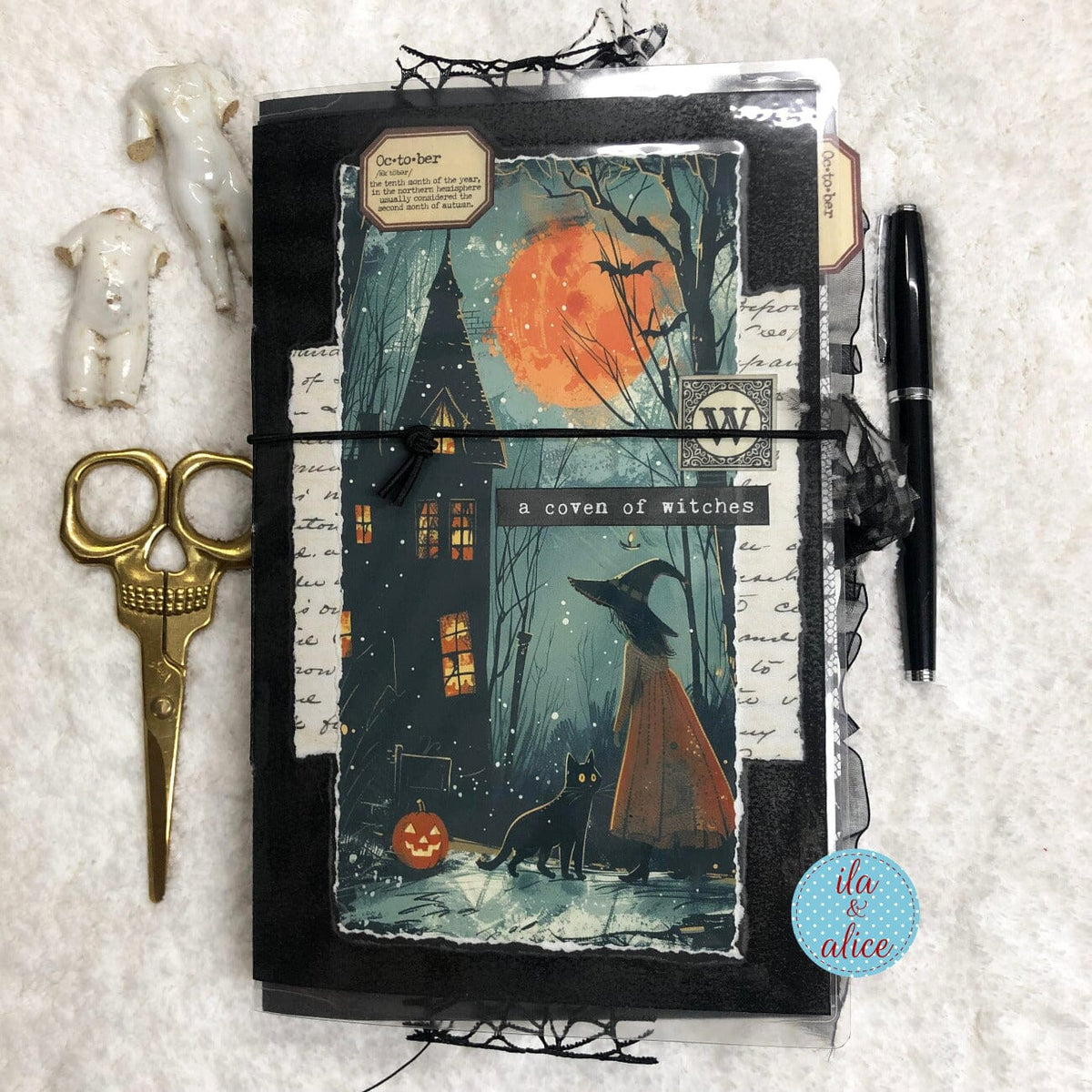 Cute Witch & Black Cat Halloween Junk Journal Filled #1 Journal ila & alice