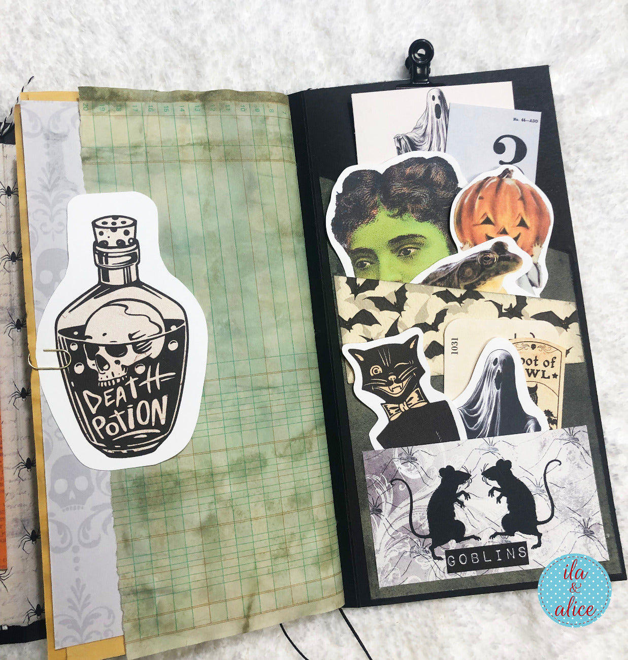 Halloween-themed fussy cuts on a notebook with a 'Death Potion' label.