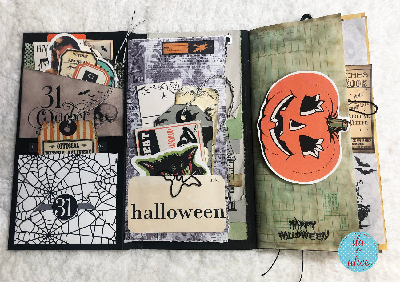 Halloween-themed junk journal page with cut-out elements and a pumpkin design.