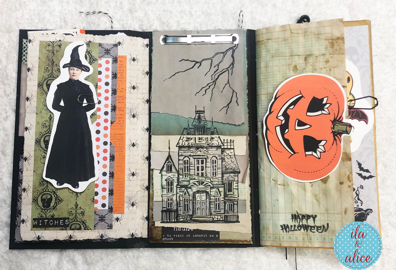 Halloween-themed journal page with a witch, haunted house, and pumpkin design.
