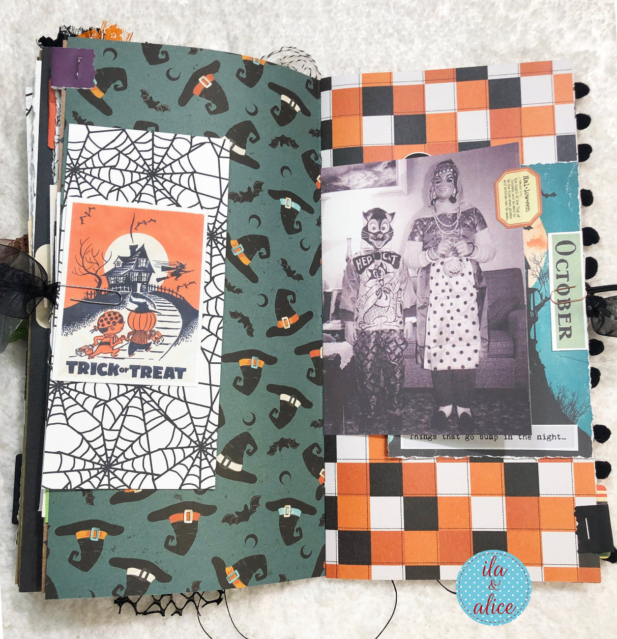 Handmade made Halloween junk journal w Halloween-themed scrapbook page with patterns and vintage photo