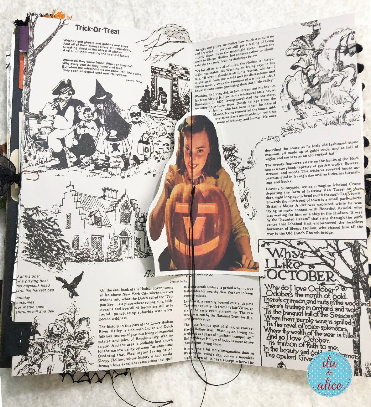 Handmade made Halloween junk journal w Halloween-themed collage with illustrations and text on a textured surface.