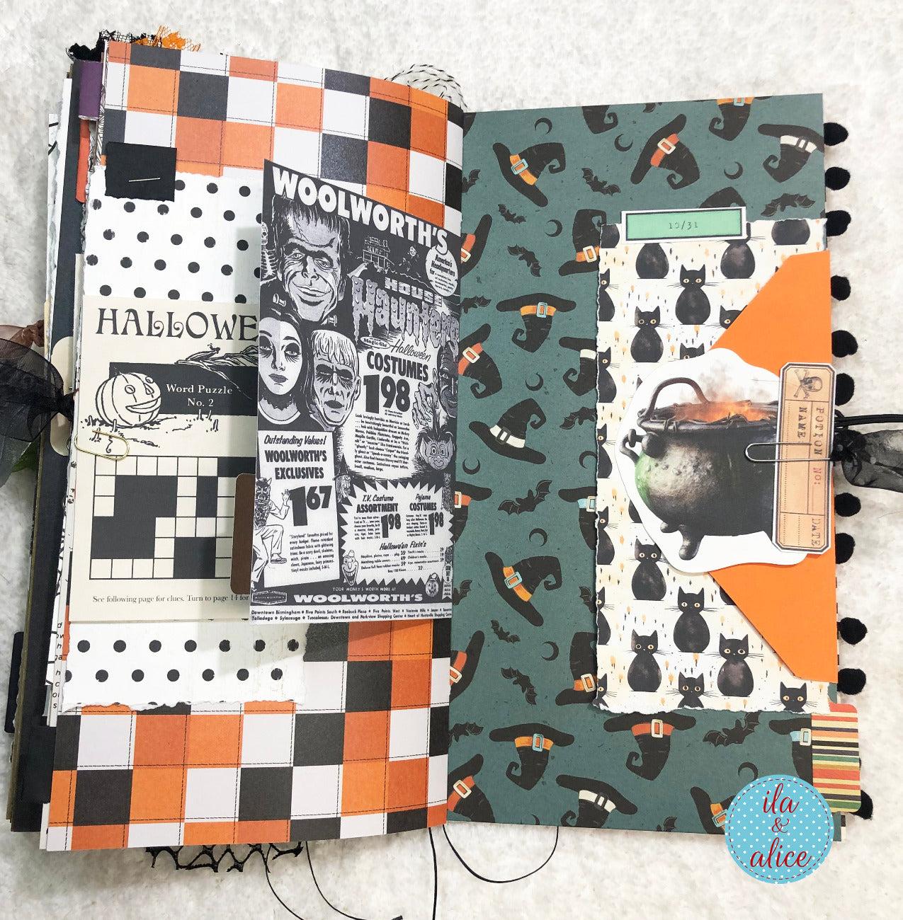 Handmade made Halloween junk journal w Halloween-themed pages with various patterns and textures.