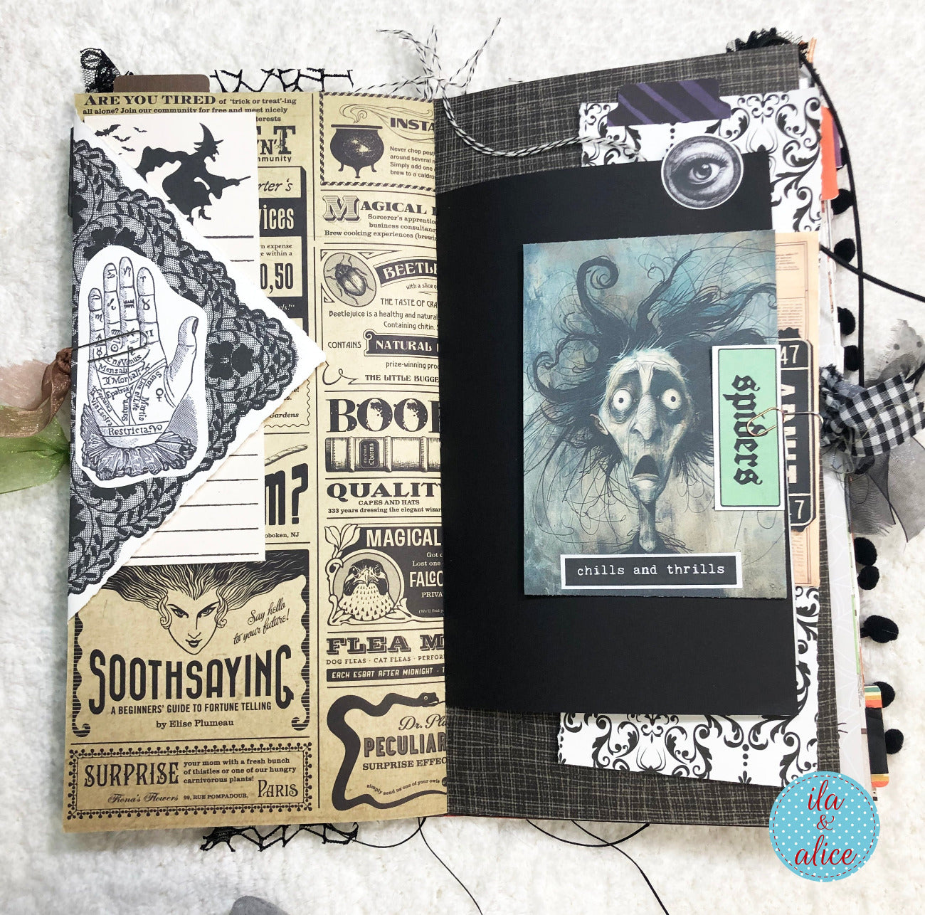 Handmade made Halloween junk journal with Halloween-themed design elements on a textured surface.