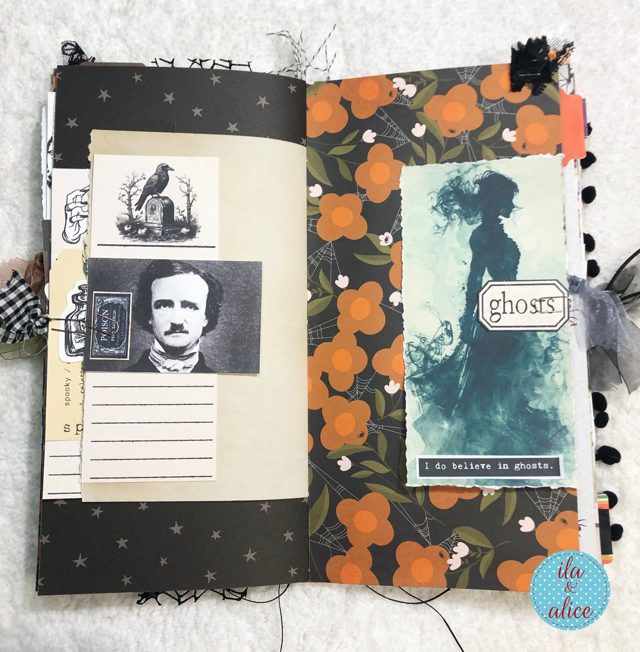 Handmade made Halloween junk journal with collage of images and text on a textured surface
