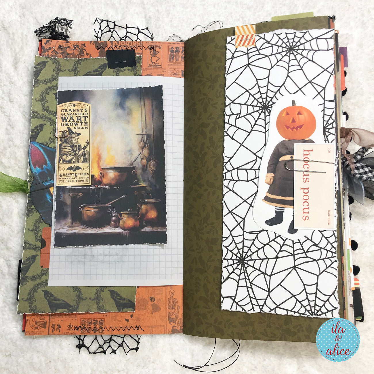 Open junk jpurnal with Halloween-themed pages featuring a potion-making scene and a pumpkin character.