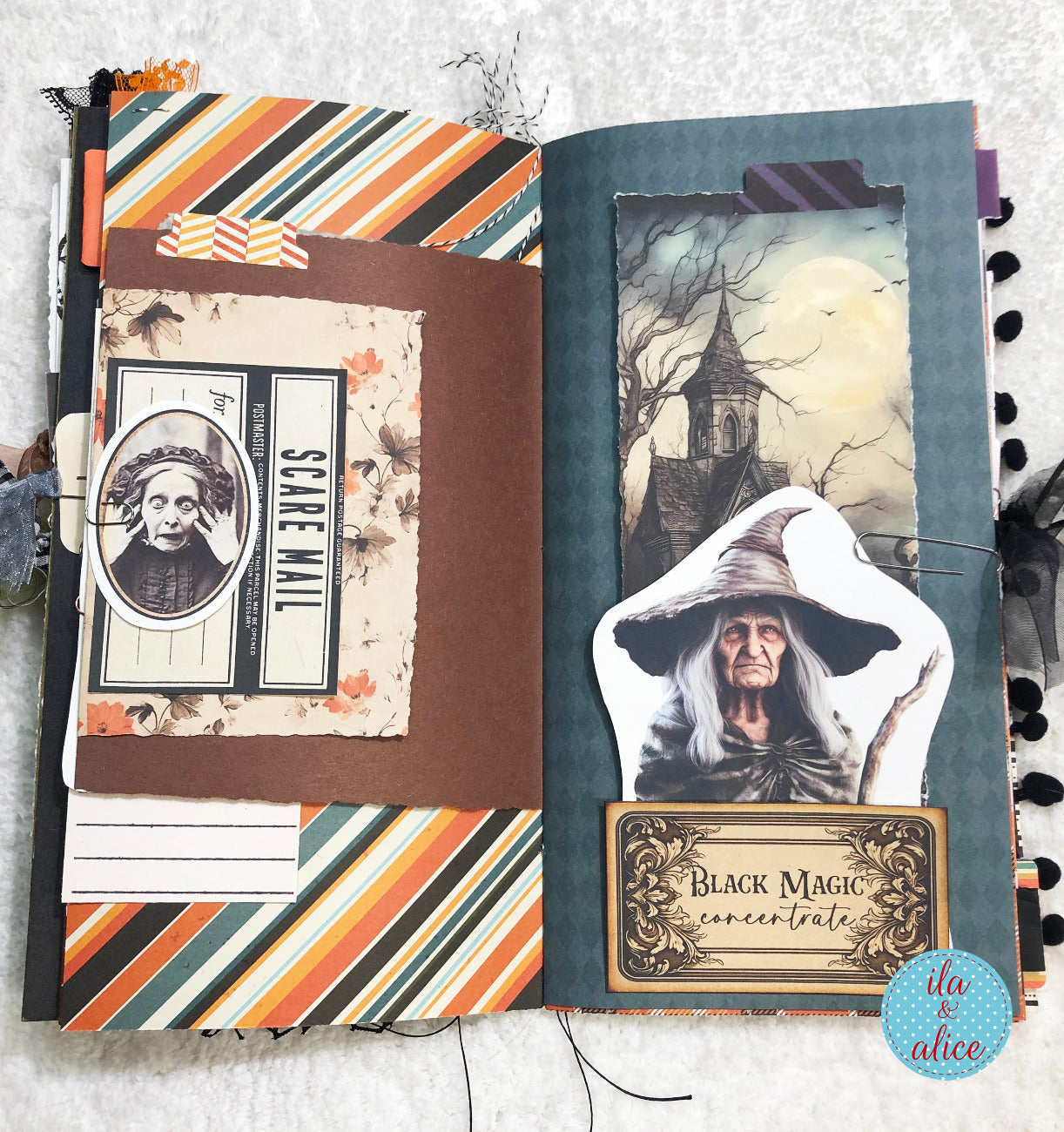 Handmade made Halloween junk journal scrapbook page with Halloween-themed decorations and a ghost image.