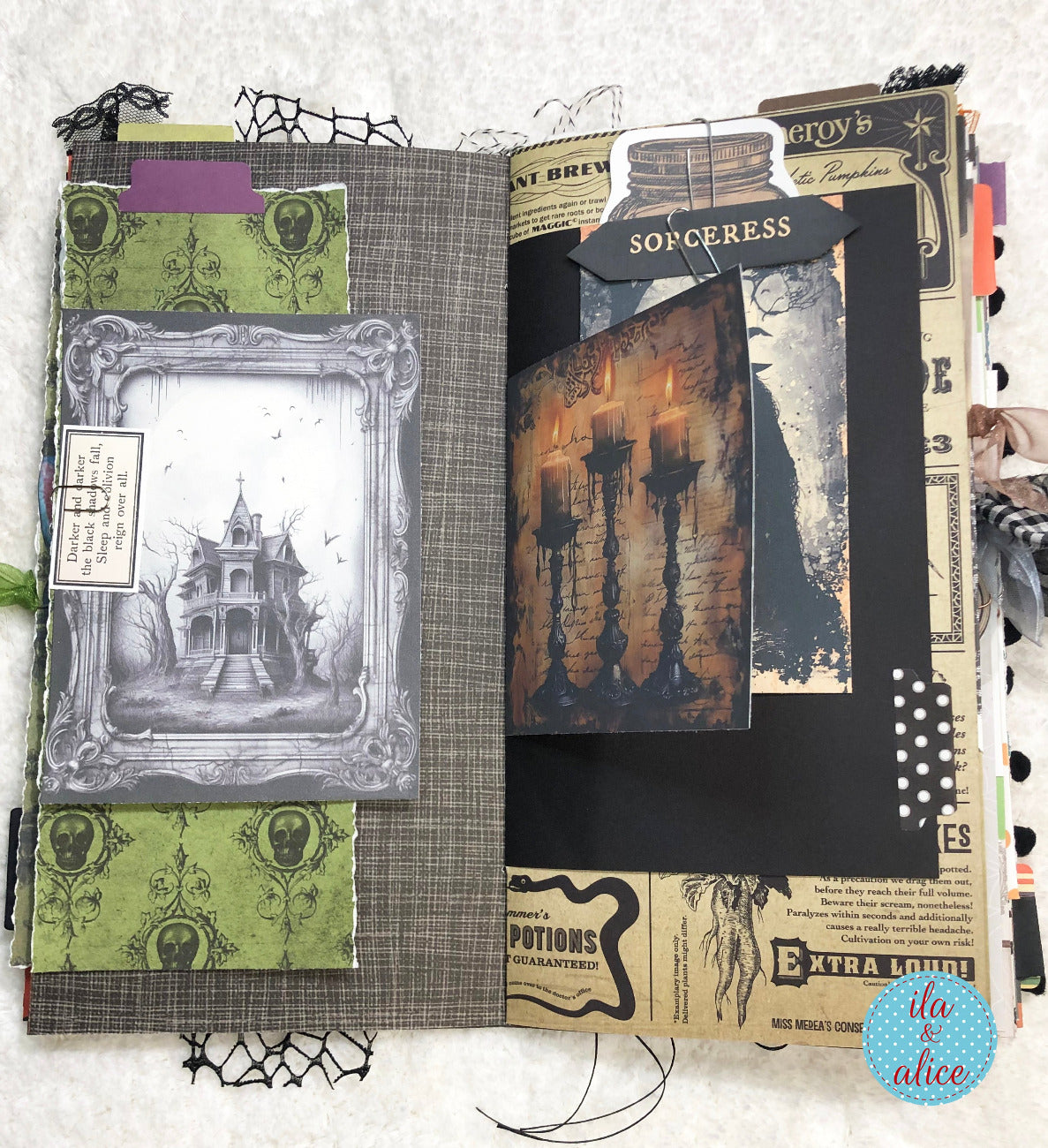 Handmade made Halloween junk journal with Halloween-themed pages featuring a haunted house illustration and potion labels.