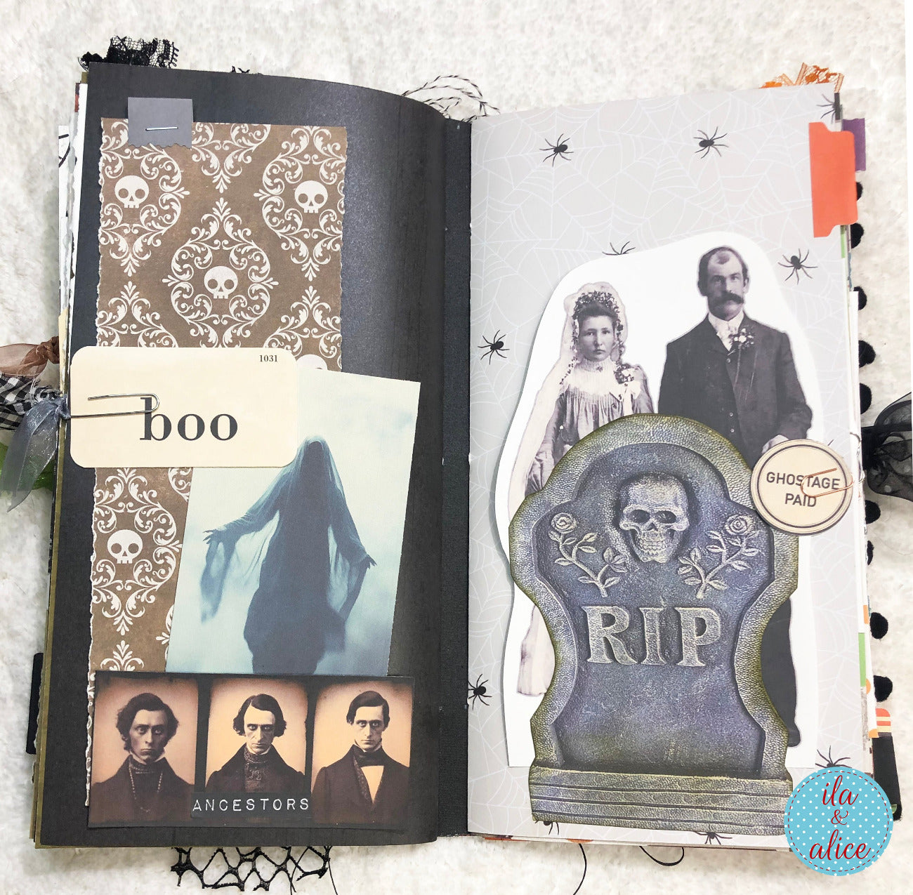 Handmade made Halloween junk journal with Halloween-themed pages featuring a ghost, tombstone, and vintage portraits.