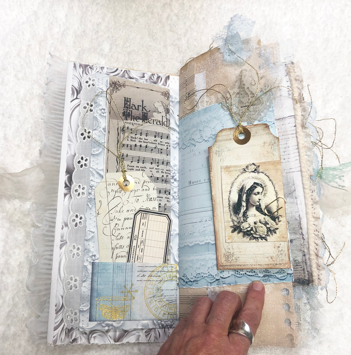 Gold and Cream Brocade Winter Junk Journal with Lace and Angels