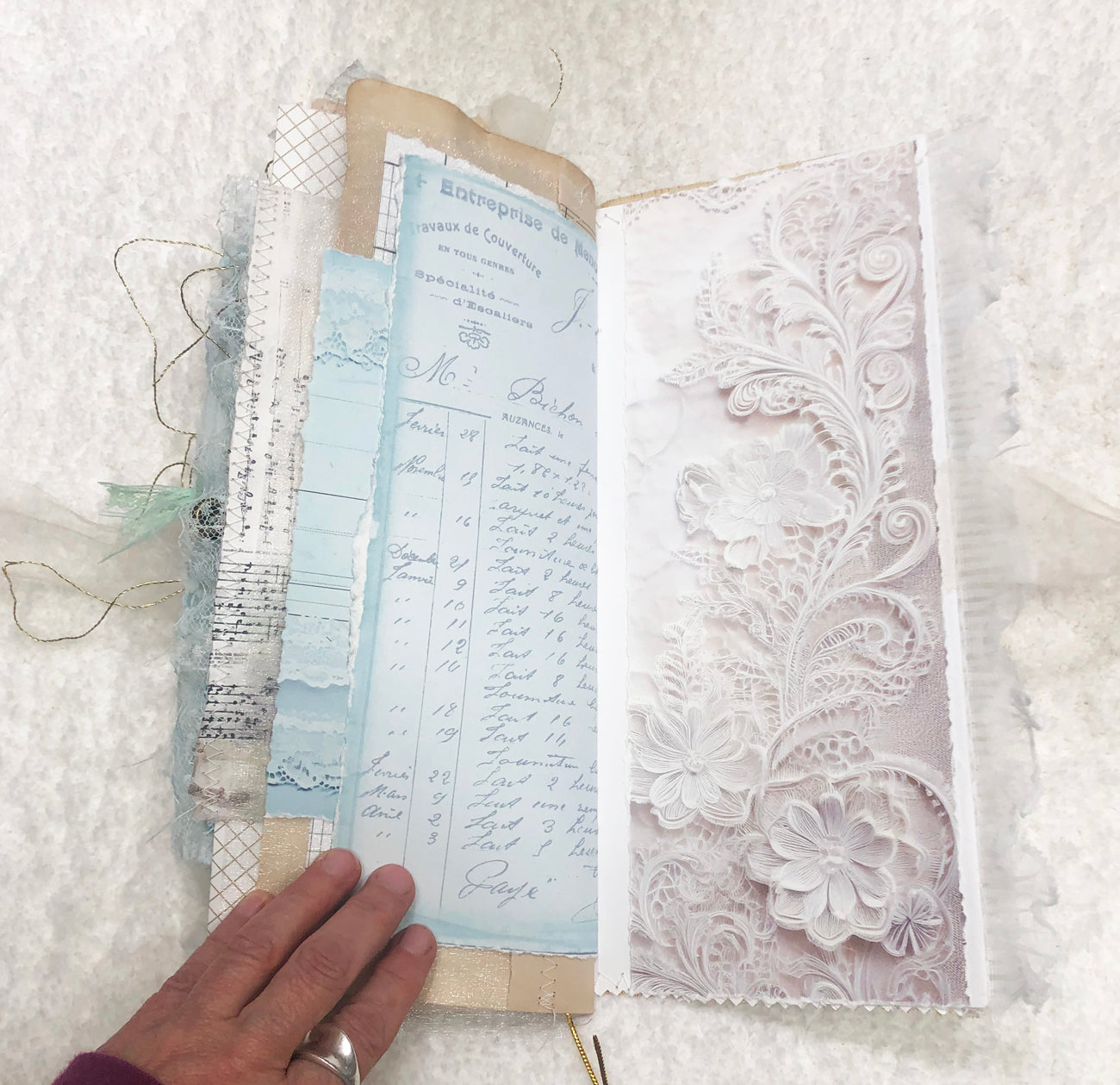 Gold and Cream Brocade Winter Junk Journal with Lace and Angels