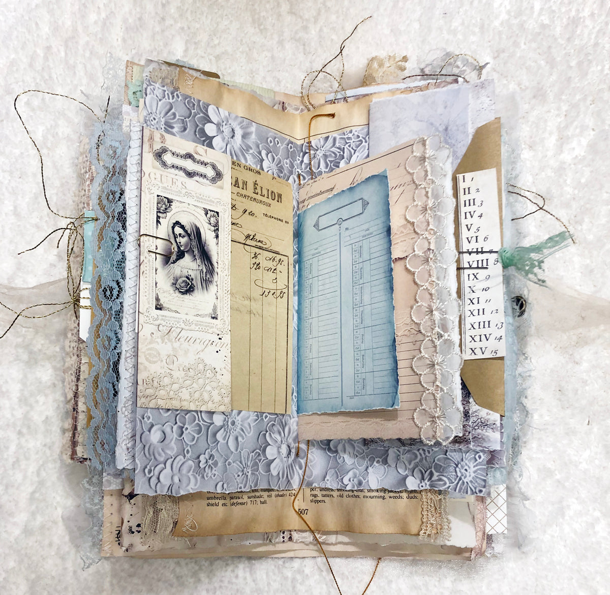 Gold and Cream Brocade Winter Junk Journal with Lace and Angels