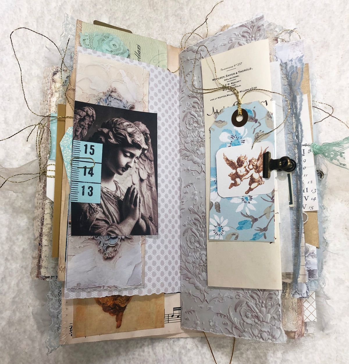 Gold and Cream Brocade Winter Junk Journal with Lace and Angels