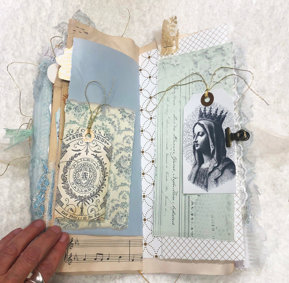 Gold and Cream Brocade Winter Junk Journal with Lace and Angels