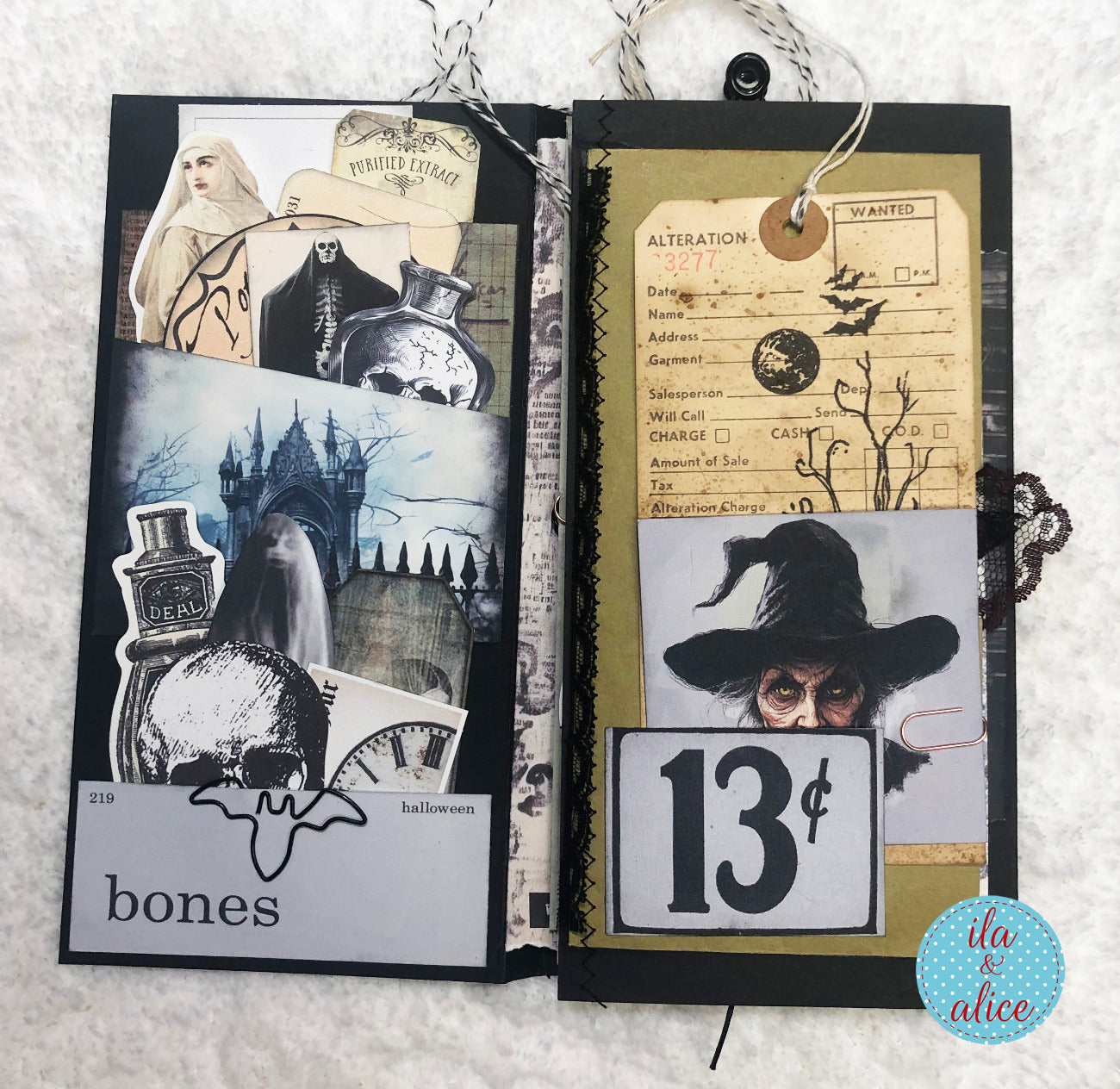 Halloween-themed folio with illustrations and text on a textured surface