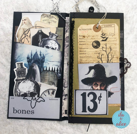 Halloween-themed folio with illustrations and text on a textured surface