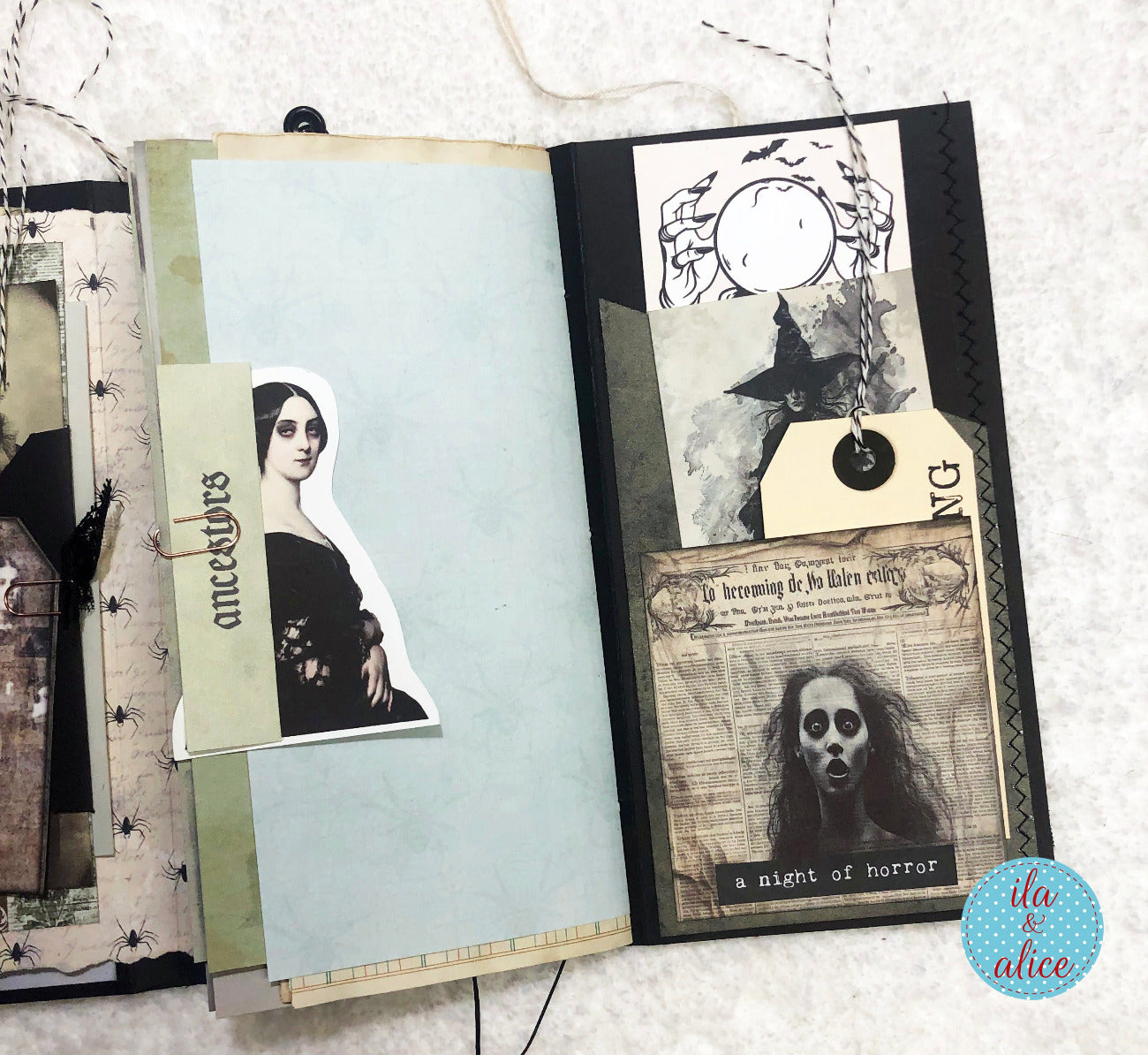 Open Halloween folio with vintage-style Halloween-themed pages featuring ghostly figures and text.