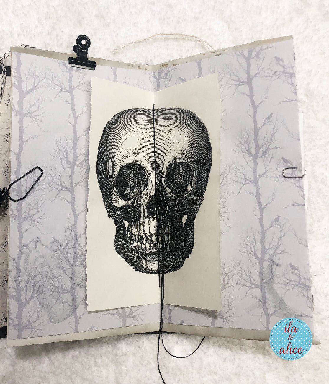 Open book with a skull illustration on a white background