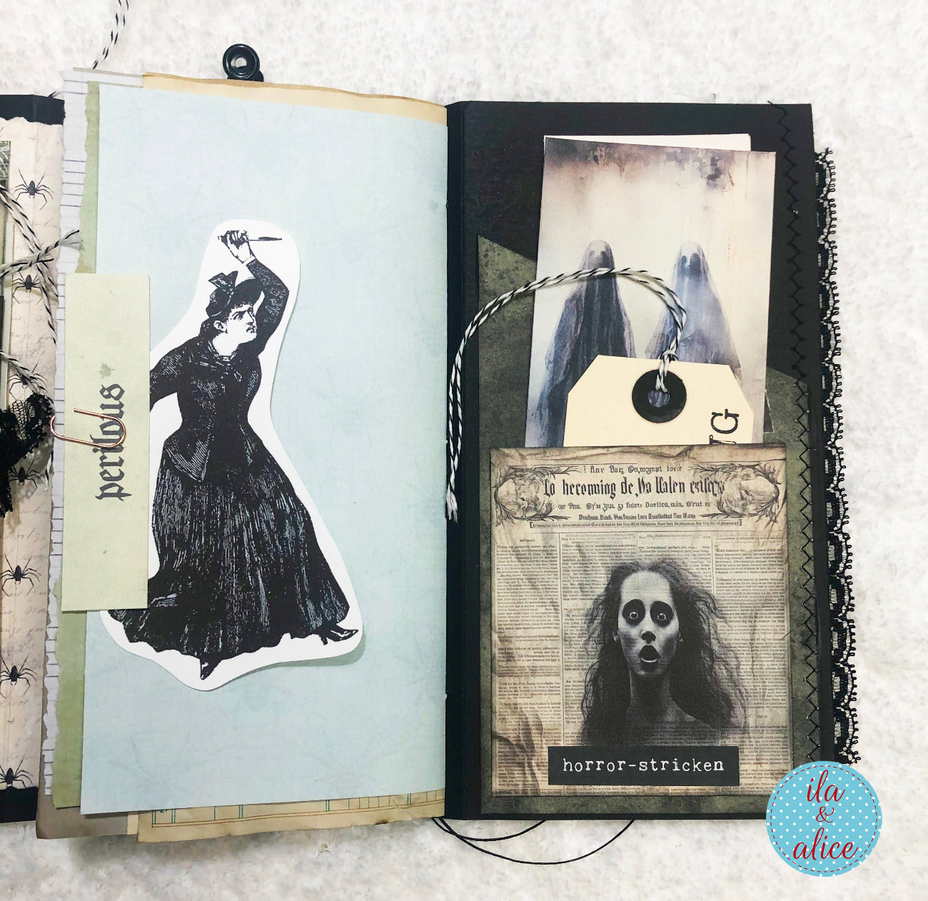 Gothic folio with vintage-style illustrations and text on a textured surface