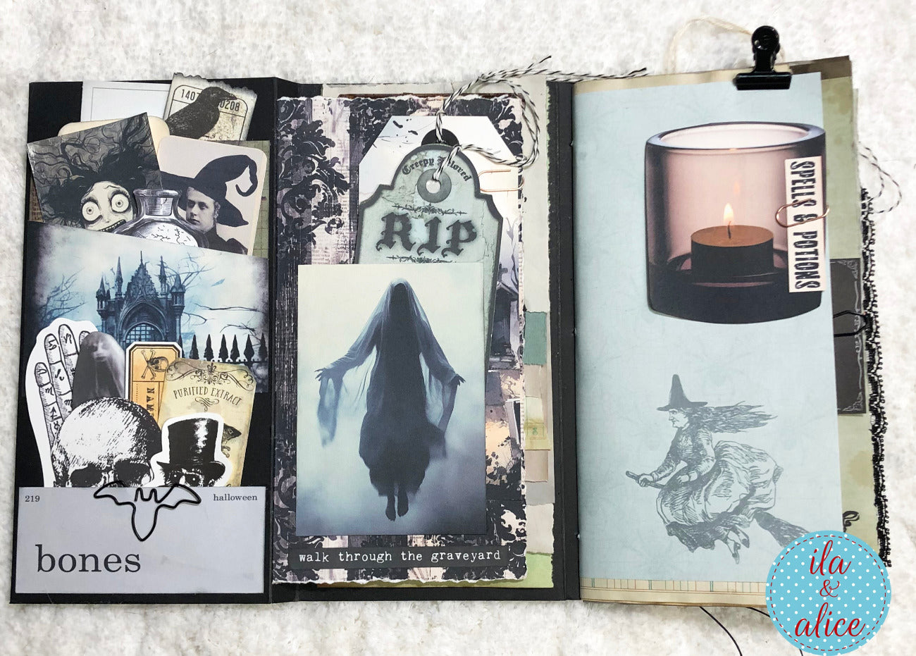 Gothic-themed collage in a Halloween folio with text and images on a white background