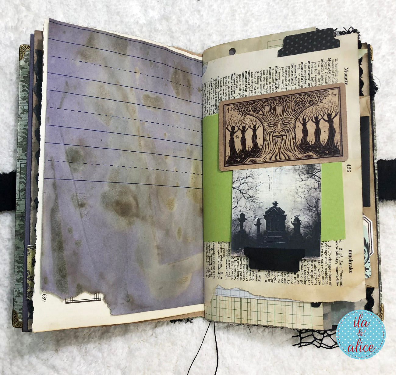 Handmade Eerie Halloween Gothic junk journal with artistic pages featuring text and illustrations on a textured surface.