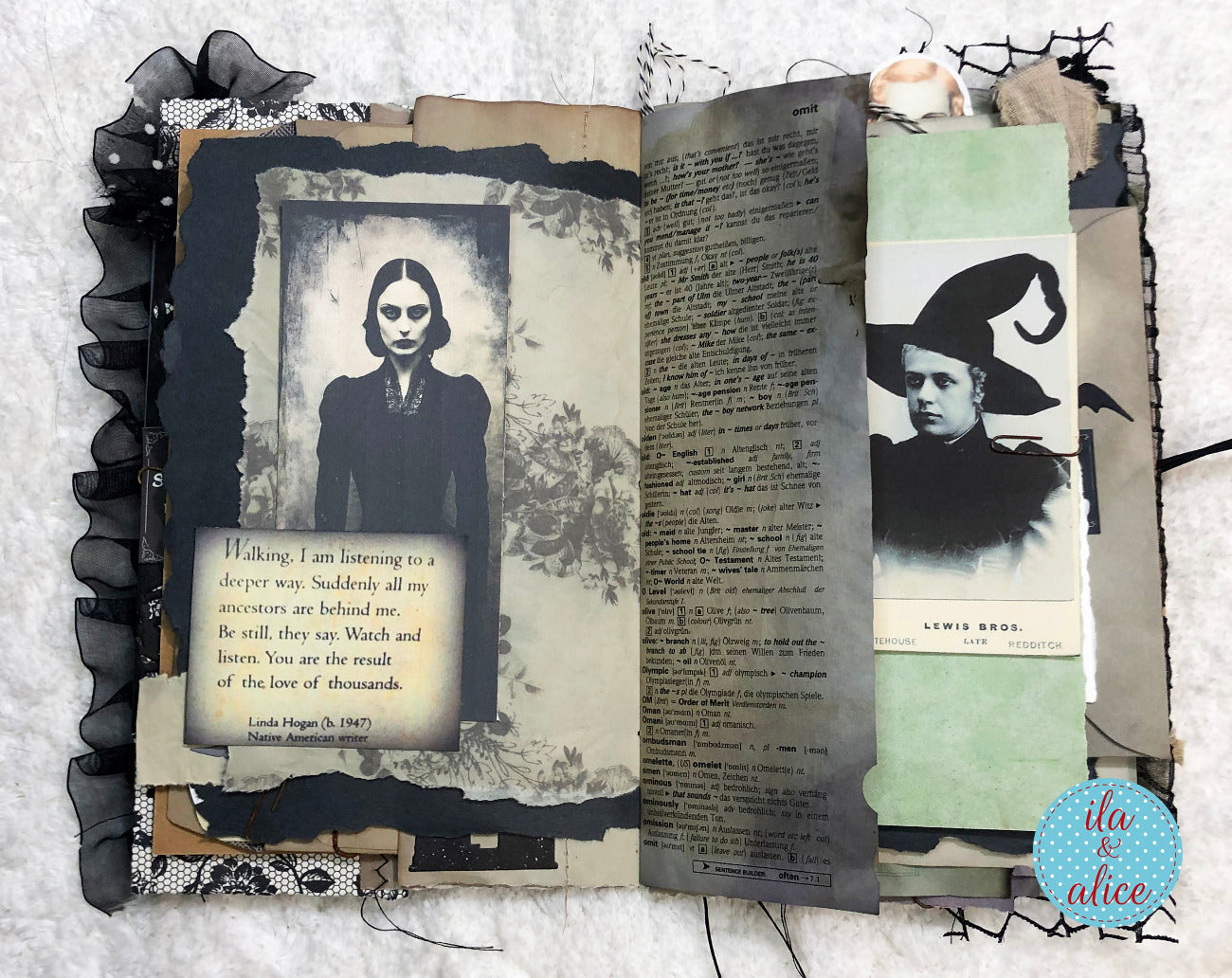 Handmade Halloween junk journal with scary lady and vintage witch