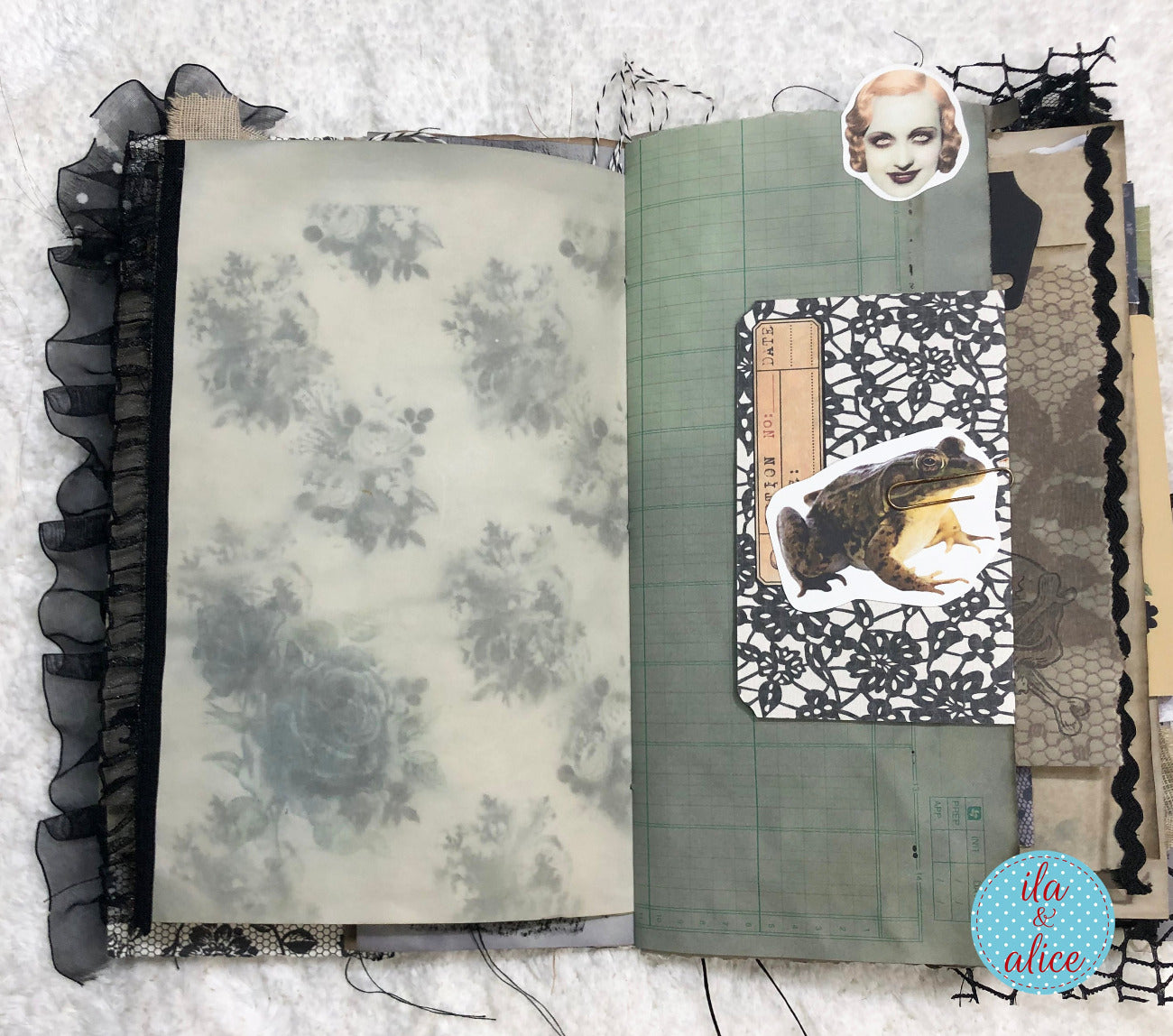 Handmade Halloween junk journal with green paper and frog