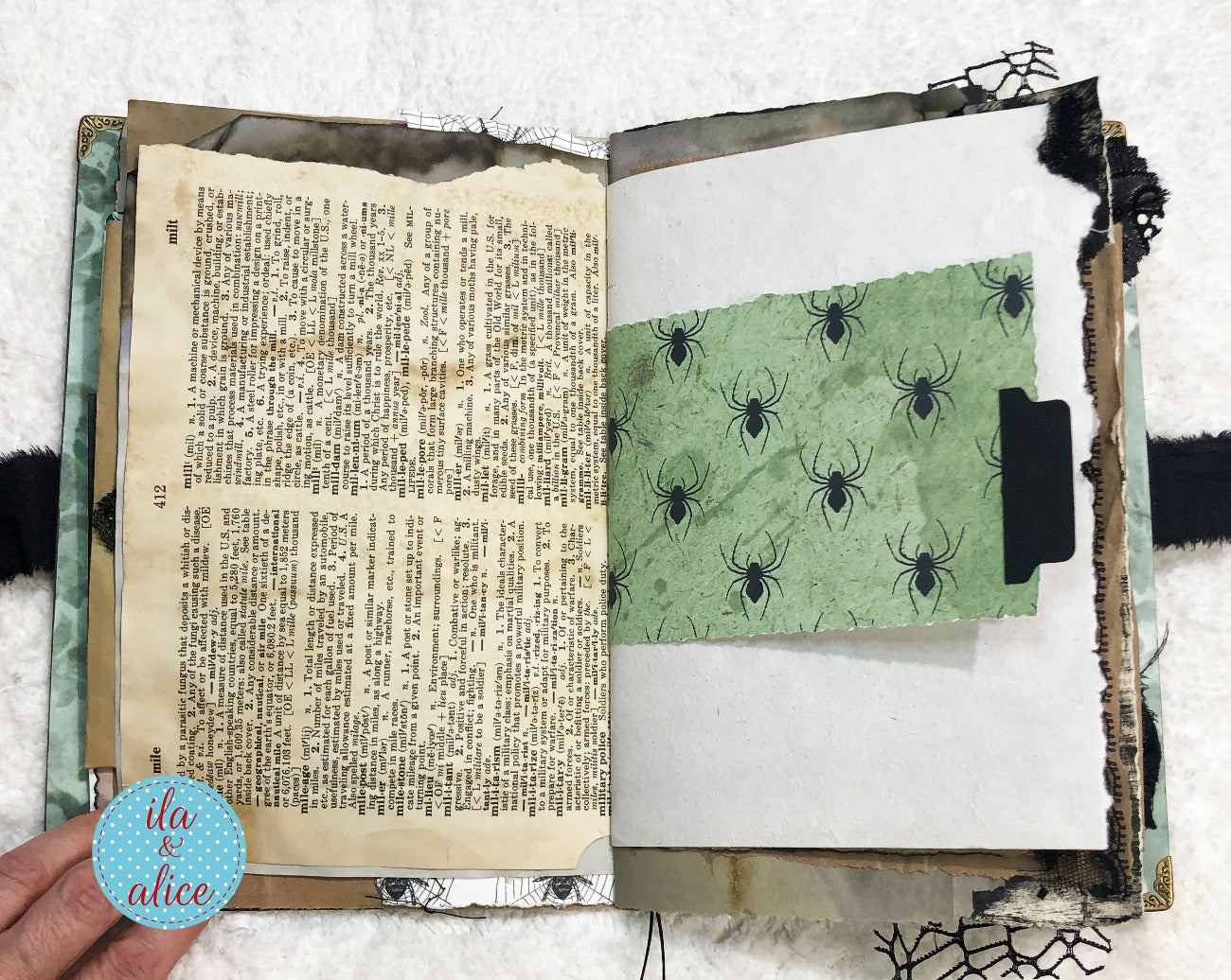 Handmade Eerie Halloween Gothic junk journal with spider pattern on a white background