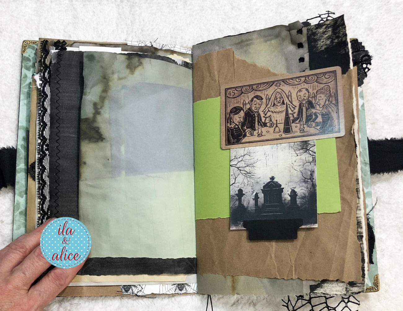 Handmade Eerie Halloween Gothic junk journal with collage elements and a hand holding a 'ila & alice' sticker.