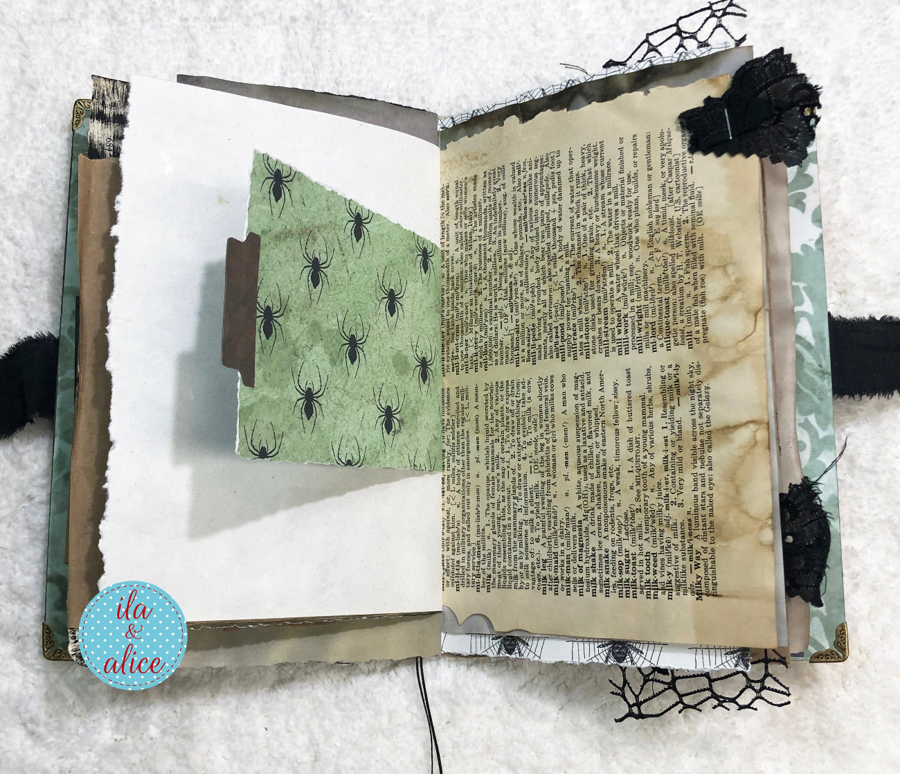 Handmade Eerie Halloween Gothic junk journal with spider-themed pages on a white background