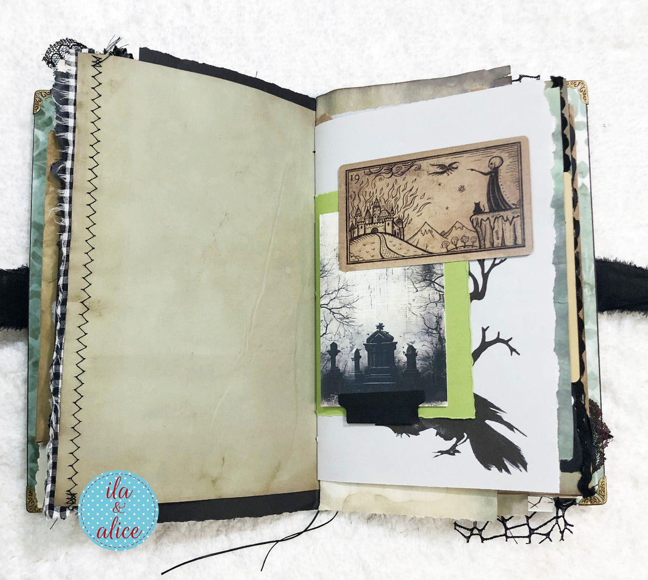 Open book with artistic illustrations on a cemetery background