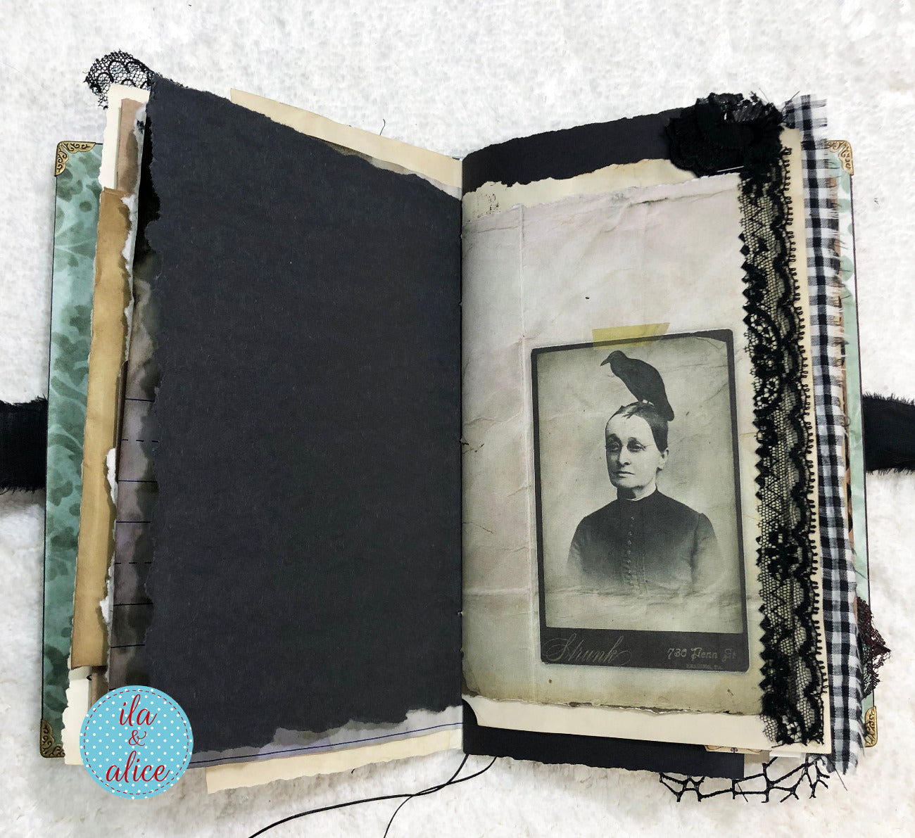 Handmade Eerie Halloween Gothic junk journal with creepy vintage portrait and decorative elements on a textured background