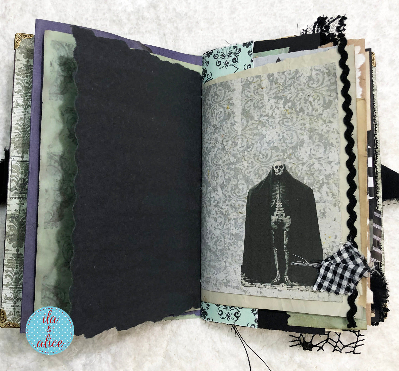 Handmade Eerie Halloween Gothic junk journal with a skeleton illustration on a textured background