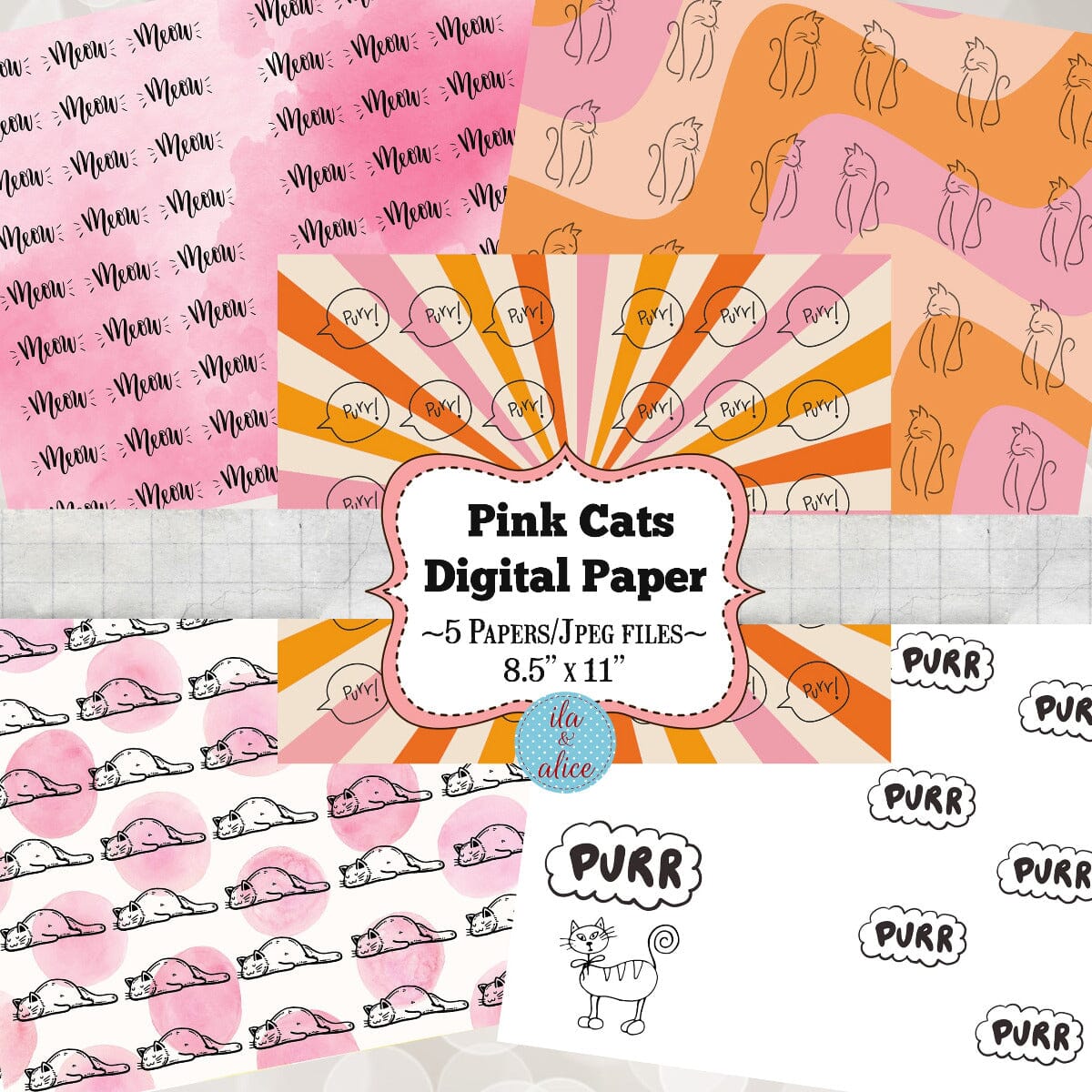 Digital Cat Junk Journal Paper-Pink-5 Papers Journal ila & alice