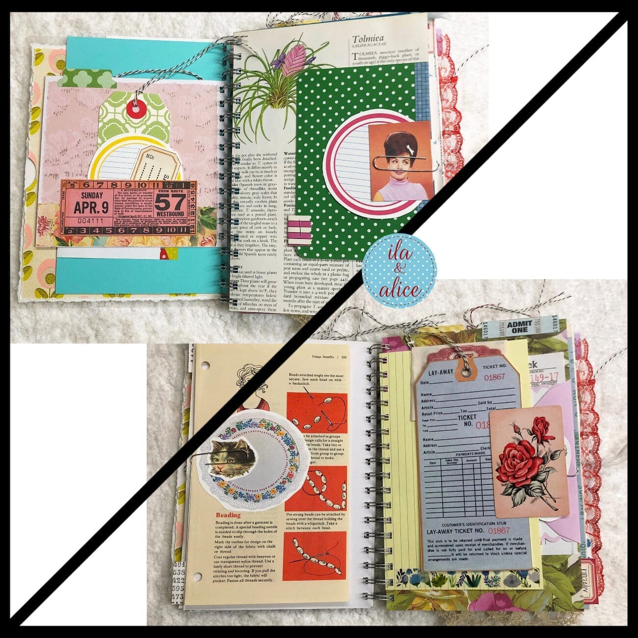 Blue Floral Junk Journal Loaded w Interesting Ephemera- 4 Journal ila & alice
