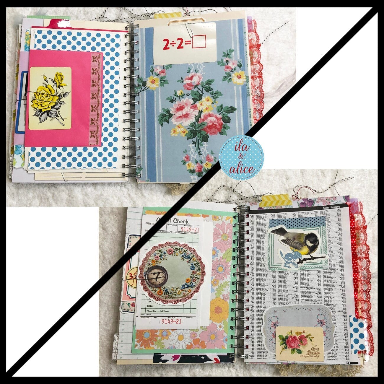 Blue Floral Junk Journal Loaded w Interesting Ephemera- 4 Journal ila & alice
