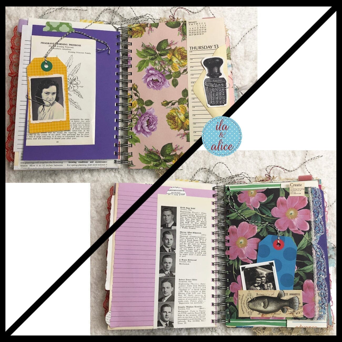 Blue Floral Junk Journal Loaded w Interesting Ephemera- 4 Journal ila & alice
