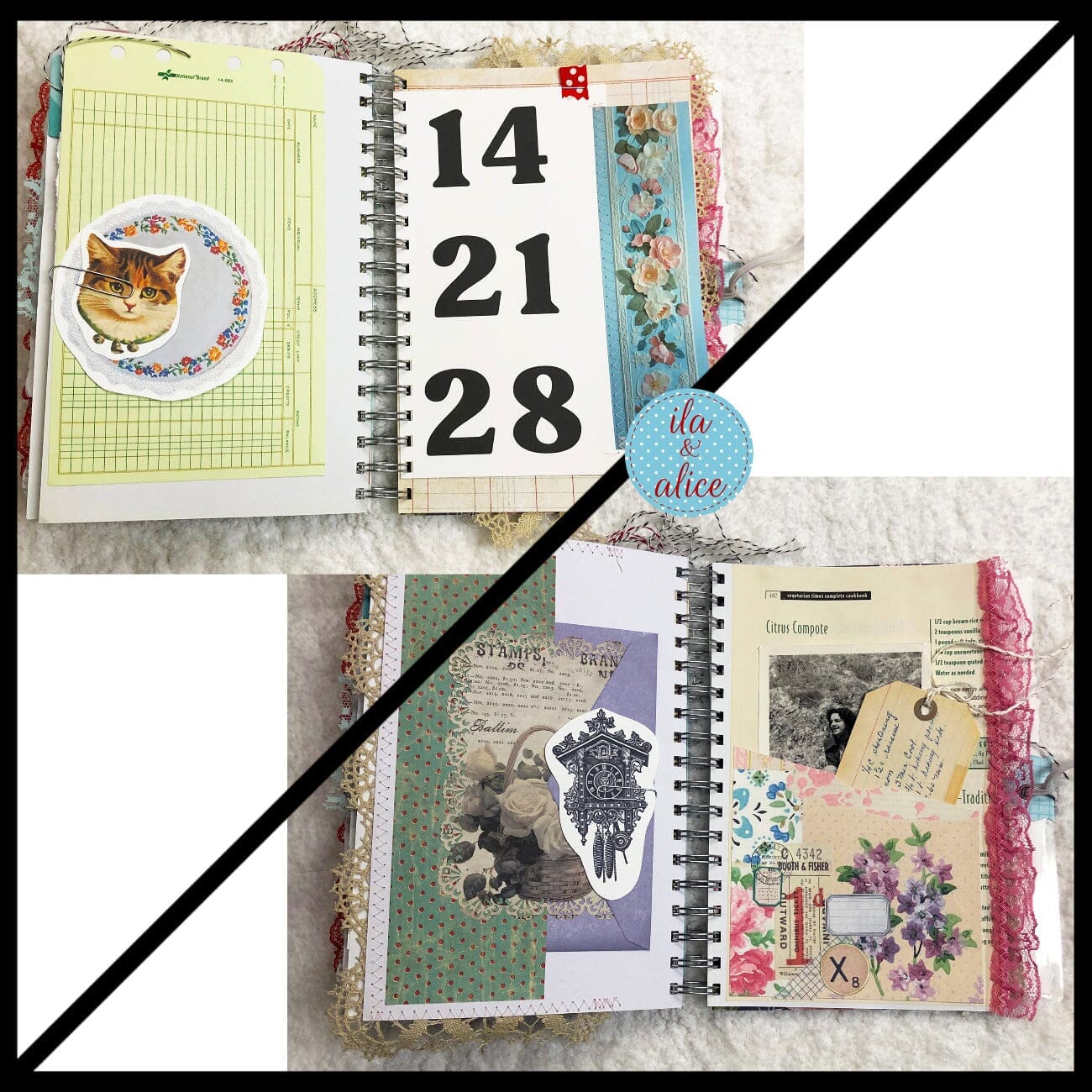 Blue Floral Junk Journal Filled with Interesting Ephemera- 3 Journal ila & alice