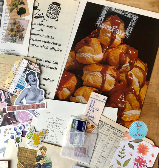 Curated 8x12 junk journal ephemera pack with layered papers, botanical elements, and tuck-able pieces. Vintage pieces of ephemera and vintage book pages included.