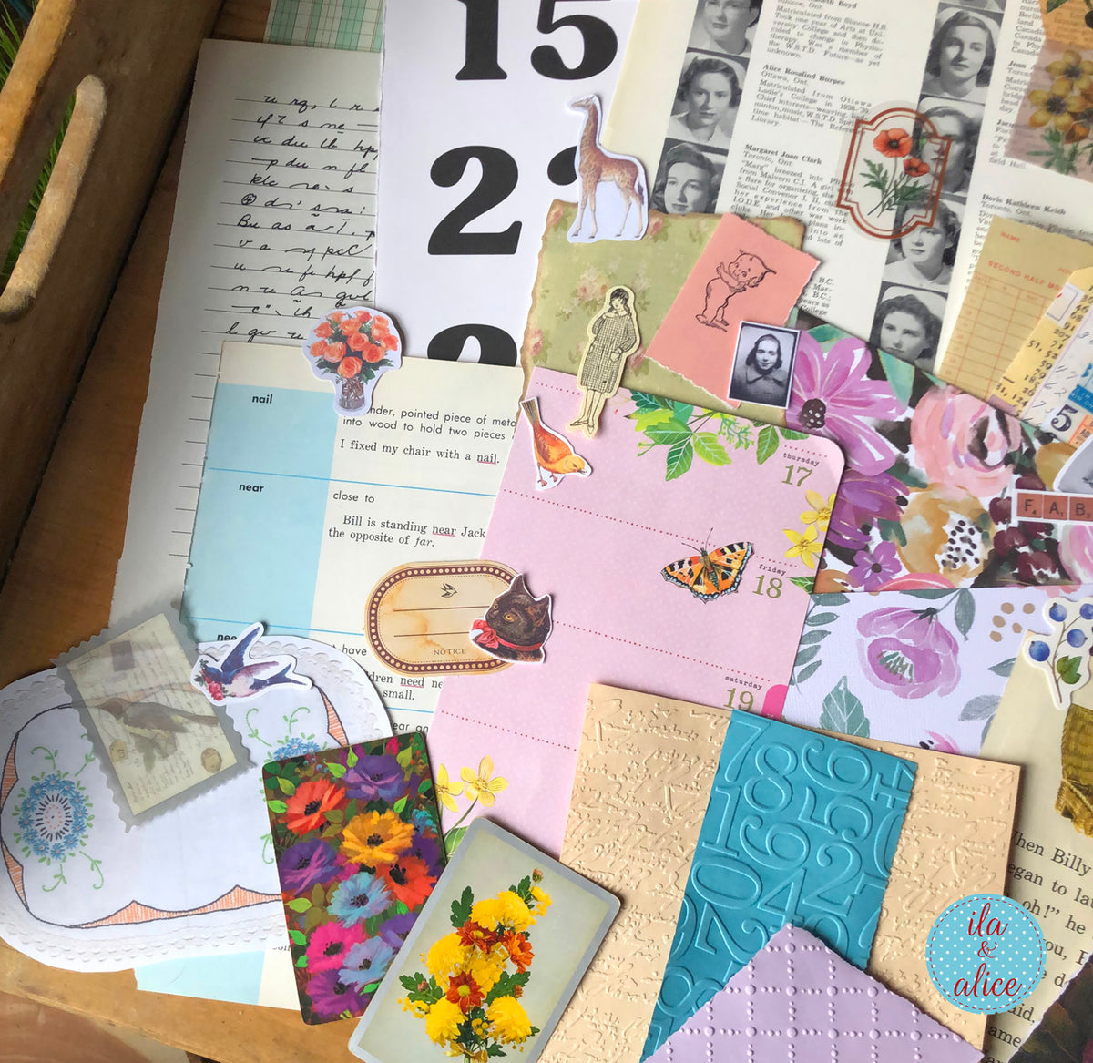 Curated 8x12 junk journal ephemera pack with layered papers, botanical elements, and tuck-able pieces. Vintage pieces of ephemera and vintage book pages included.
