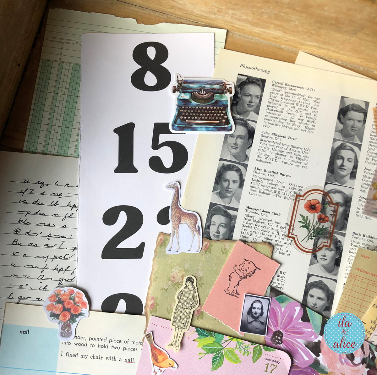 Curated 8x12 junk journal ephemera pack with layered papers, botanical elements, and tuck-able pieces. Vintage pieces of ephemera and vintage book pages included.