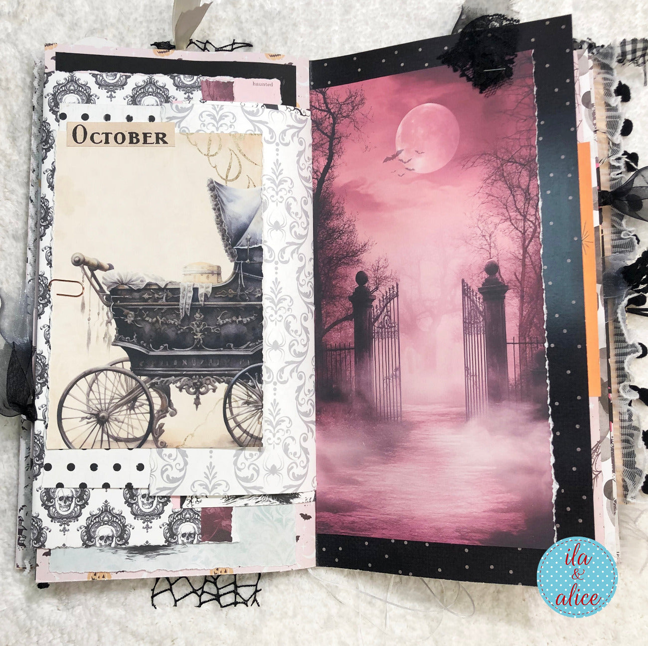 Handmade Pink and Black Halloween junk journal featuring a creepy carriage and a moonlit gate design.