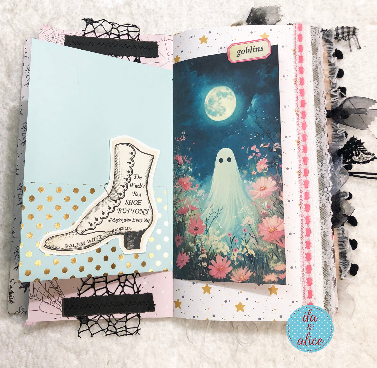 Handmade Pink and Black Halloween junk journal with Halloween illustration and a ghost in a garden design, surrounded by decorative elements.