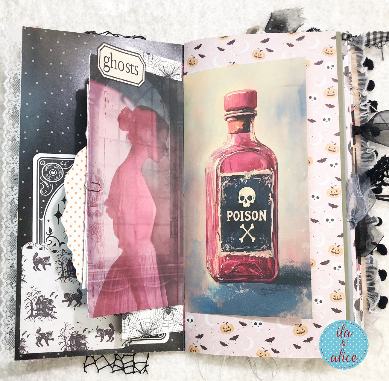 Handmade Pink and Black Halloween junk journal with a pink bottle labeled 'Poison' and ghost silhouette.