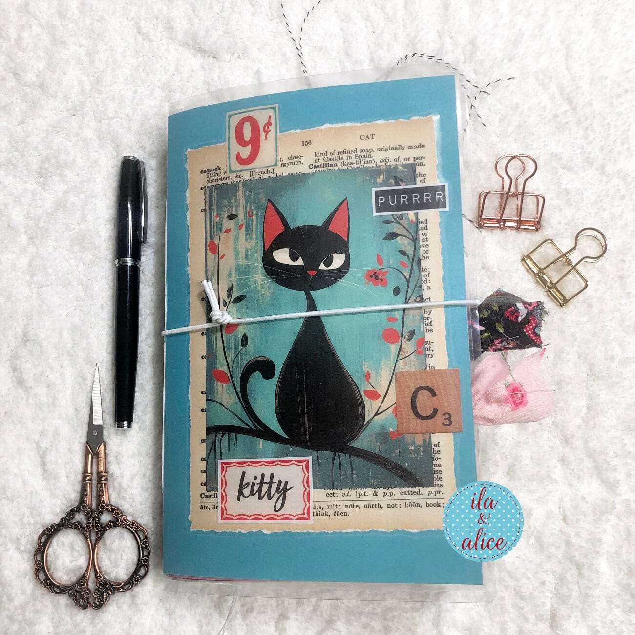 Cute Cat Junk Journal- Sweet Black Cat w Big Whiskers Journal ila & alice