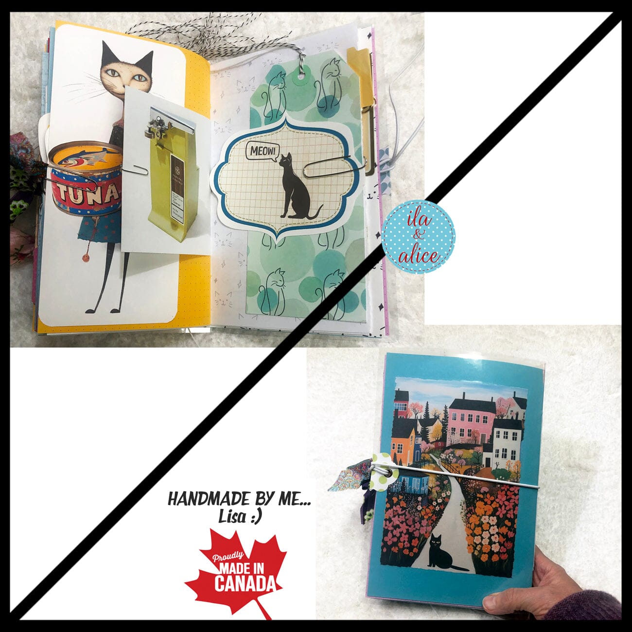 Cute Cat Junk Journal- Sweet Black Cat w Big Whiskers Journal ila & alice