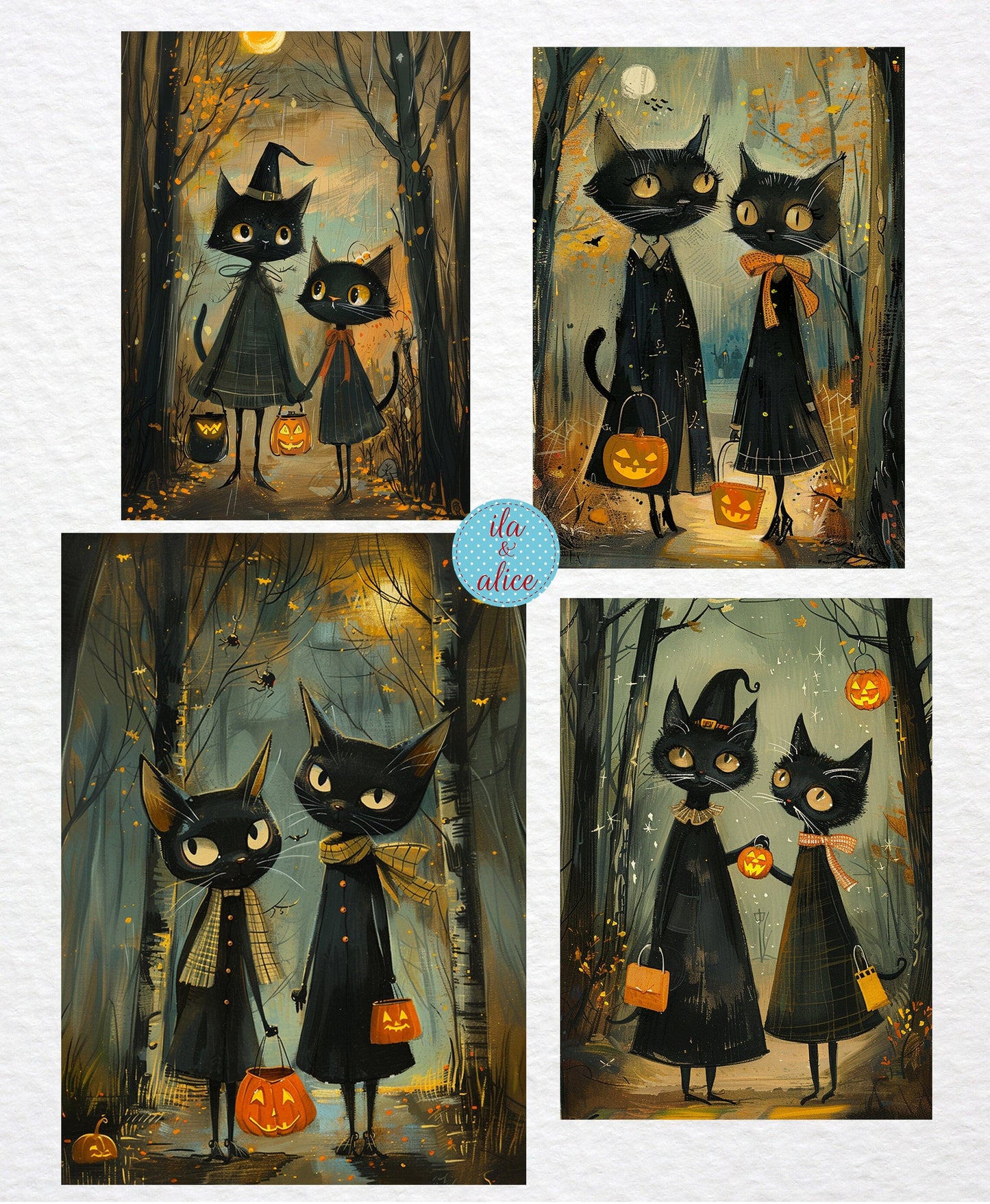 Black Cats Going Trick or Treating Halloween Postcards Post Cards ila & alice
