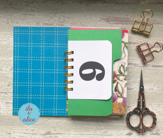 Inside Mini junk journal with wide-eyed cat illustration on blue background, handmade vintage-style notebook with spiral binding