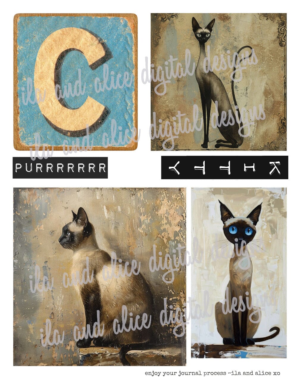 Digital Siamese Cat Junk Journal Ephemera Journal ila & alice 